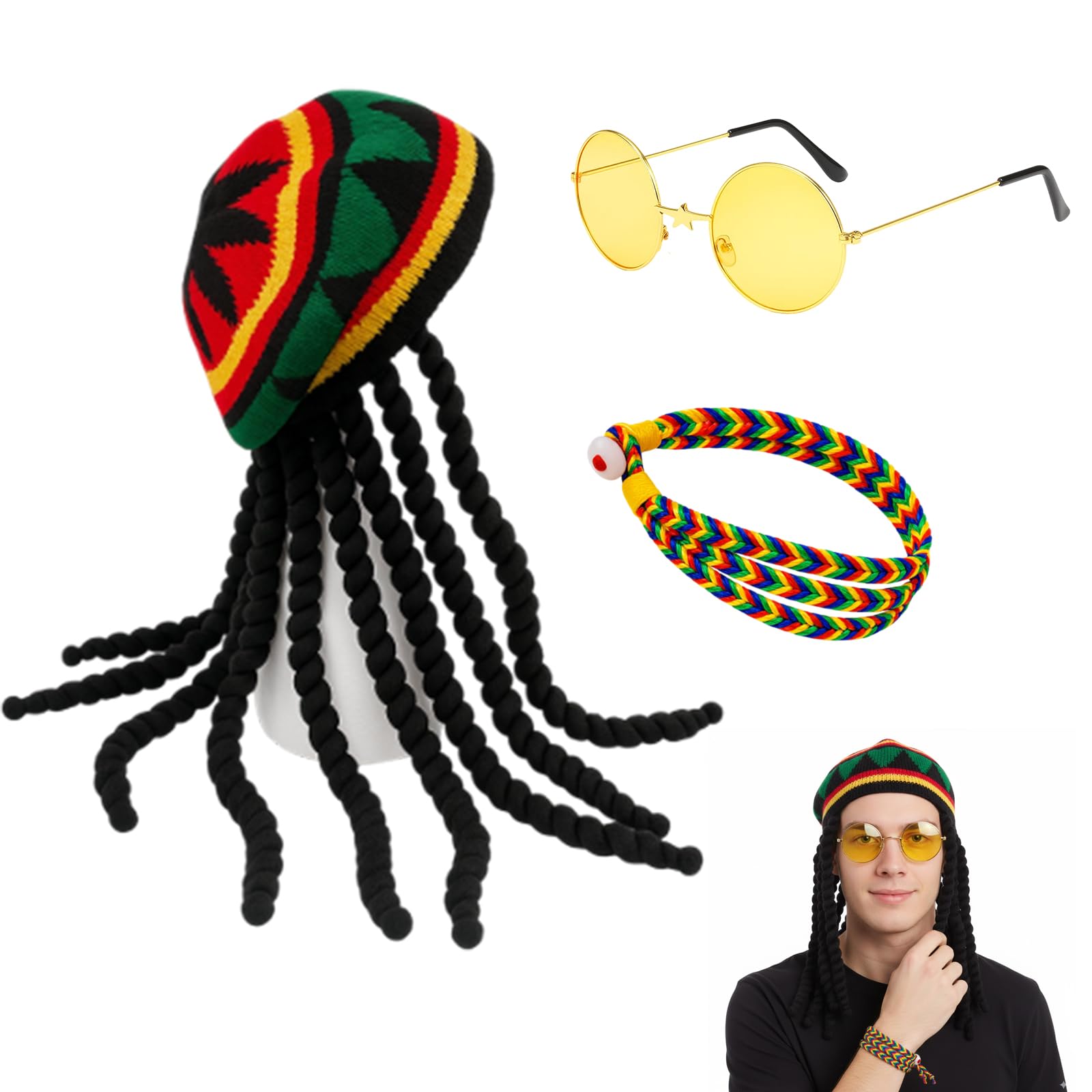 QhgPnt 3 Pcs Dreadlock Wig Set, Rasta Hat with Dreadlocks, Caribbean Fancy Dress Costume, Jamaican Hat with Yellow Glasses and Braided Bracelet for Parties, Cosplay, Halloween