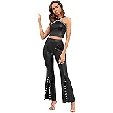 WDIRARA Women's 2 Piece Outfit Pearls Detail Halter Crop Top and Split Hem Flare Leg Pants
