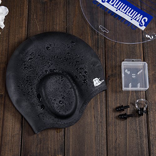 Wigoo Long Hair Swim Cap 2 Pack, 2019 Thicker Design, Waterproof Silicone Swimming Cap for Adult Woman and Men(Black+Blue)