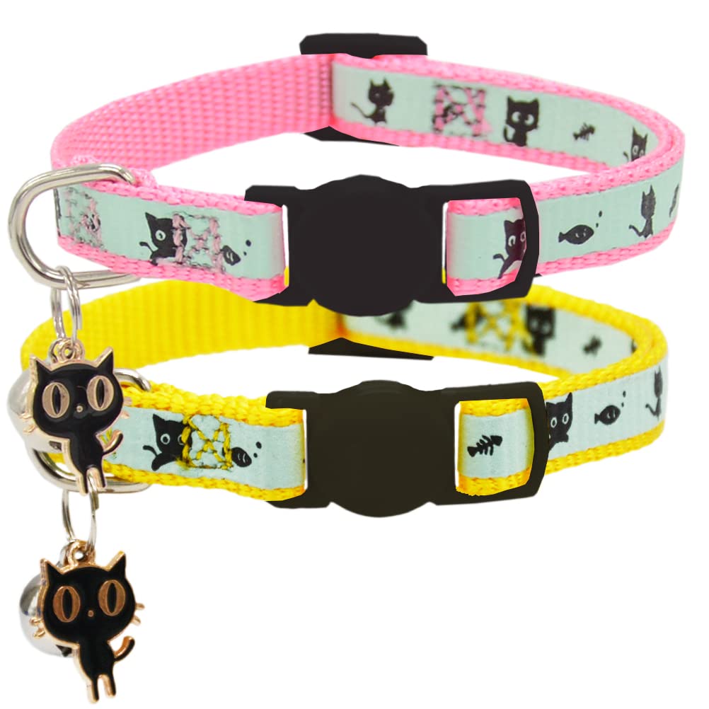 Photo 1 of 2 Pack Glow in The Dark Cat Collar with Bell Breakaway Safety Cat Puppy Collars with Pendant Yellow and Pink