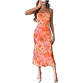 GORGLITTER Women's Floral Wedding Guest Midi Sun Dress Summer Boho Cocktail Beach Going Out Fishtail Bodycon Sundresses
