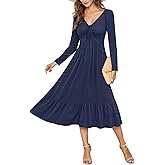 AUSELILY Women's Empire Waist Dress Long Sleeve V Neck Drawstring Long Flowy A-line Midi Casual Fall Dresses 2025