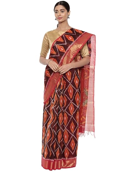 Womens Ikat Design Silk Cotton Saree (CCMYSC10327, Orange Rust)