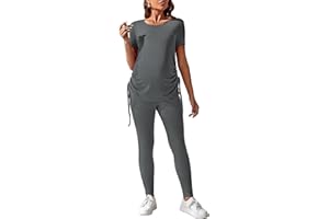OYOANGLE Women's Maternity 2 Piece Outfits Drawstring Ruched Short Sleeve Ribbed Tee Top & Leggings Pregnancy Lounge Set