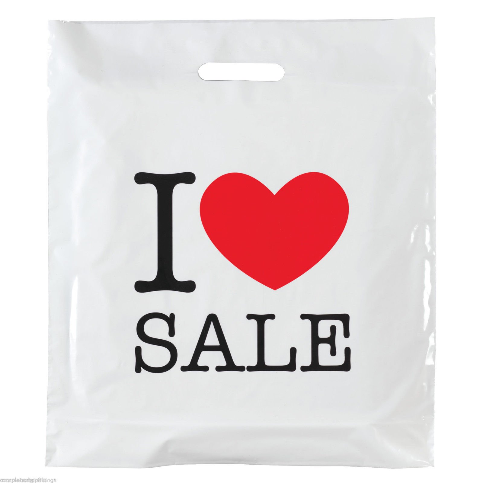 100xNEW Sale Bags Sale Print Plastic Carrier Bag Heavy Duty DIE Cut Shopping Bags (I Love Sale, 15"x18"+3)
