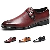 Men's Leather Square Toe Monk Strap Loafers,Classic Slip on Dress Shoes,Low Top Formal Business Oxford Shoes
