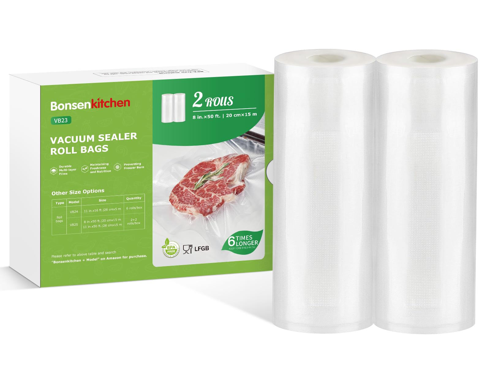 Photo 1 of Bonsenkitchen Vacuum Sealer Bags Rolls, 8 in x 50 ft Rolls 2 pack Durable Food Sealer Bags, Commercial Grade, Heavy Duty, BPA Free, Seal a Meal, Great for Food Storage & Sous Vide Cooking, VB23