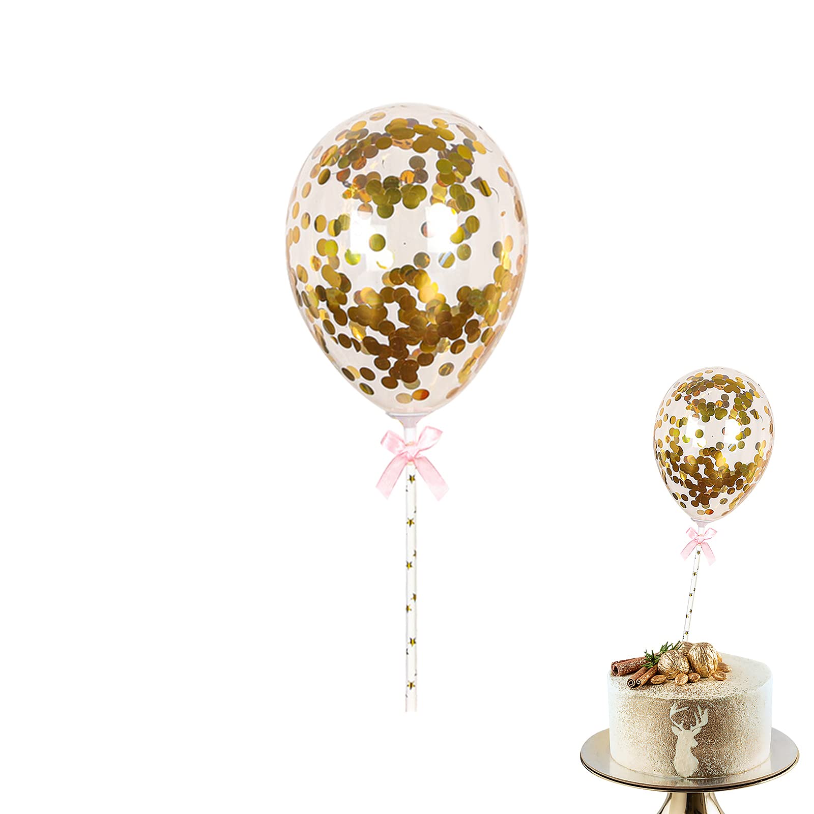 10pcs Confetti Cake Toppers 5 Inch Latex Balloons Sequin Inflatable Mini Cake Balloons for Cupcakes Decorative Sets for Birthday Party Wedding Anniversary Round Gold