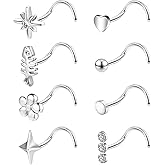 ZS 8Pcs 20G Hypoallergenic Nose Rings Studs Set For Women Men, Stainless Steel Small CZ Nose Studs l Shaped Corkscrew Nose Piercing Jewelry Gold Silver