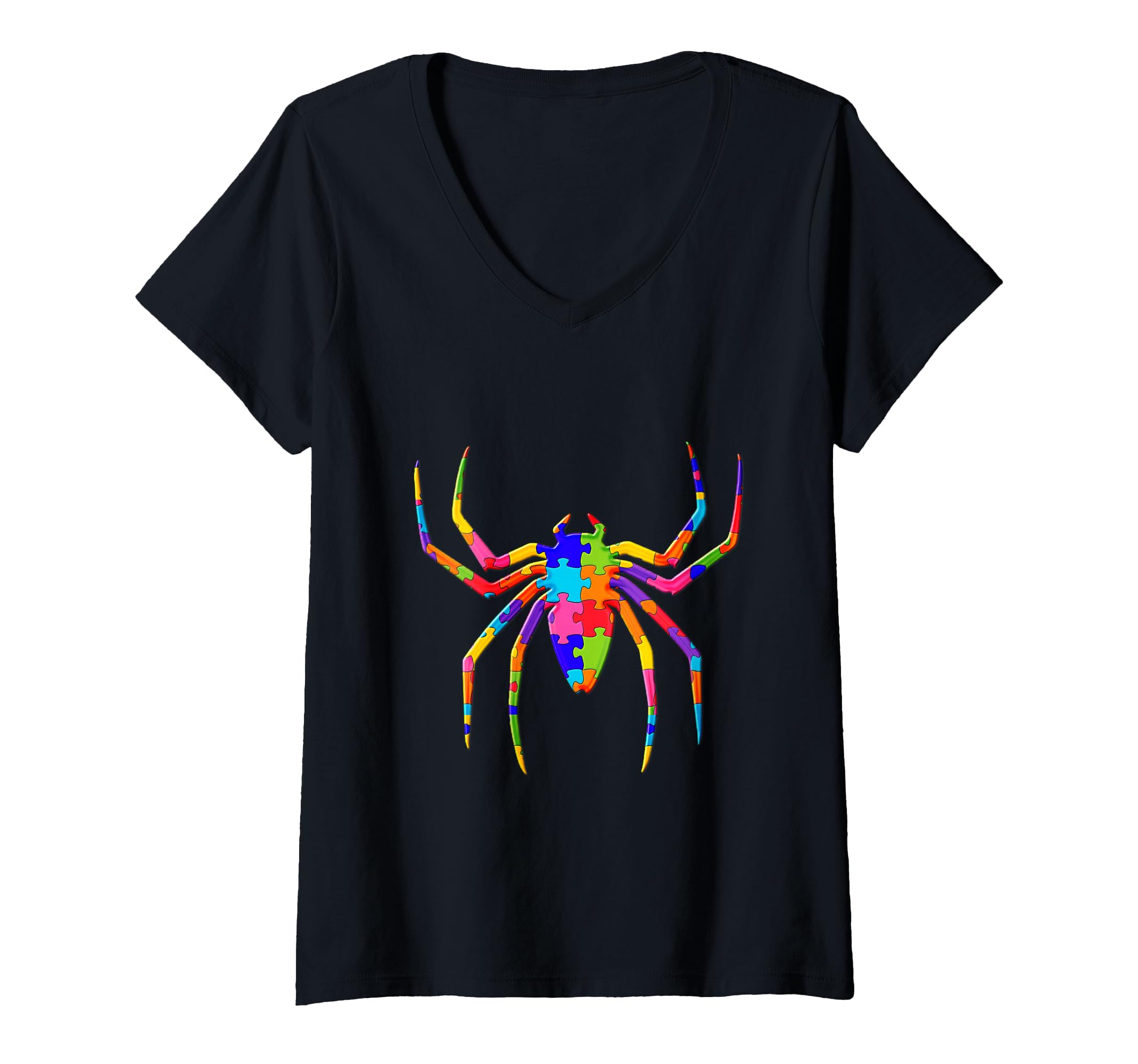Womens Spider Animal Jigsaw Autism Puzzle V-Neck T-Shirt