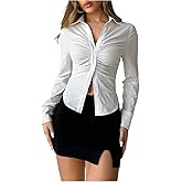 SHENHE Women's Button Down Long Sleeve Ruched Shirt Slim Fit Work Business Blouse Top