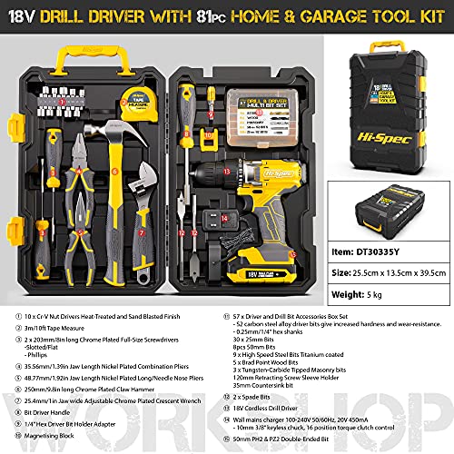 HiSpec 81Piece 18V Cordless Drill Driver and Home Tool Kit, Drill Set