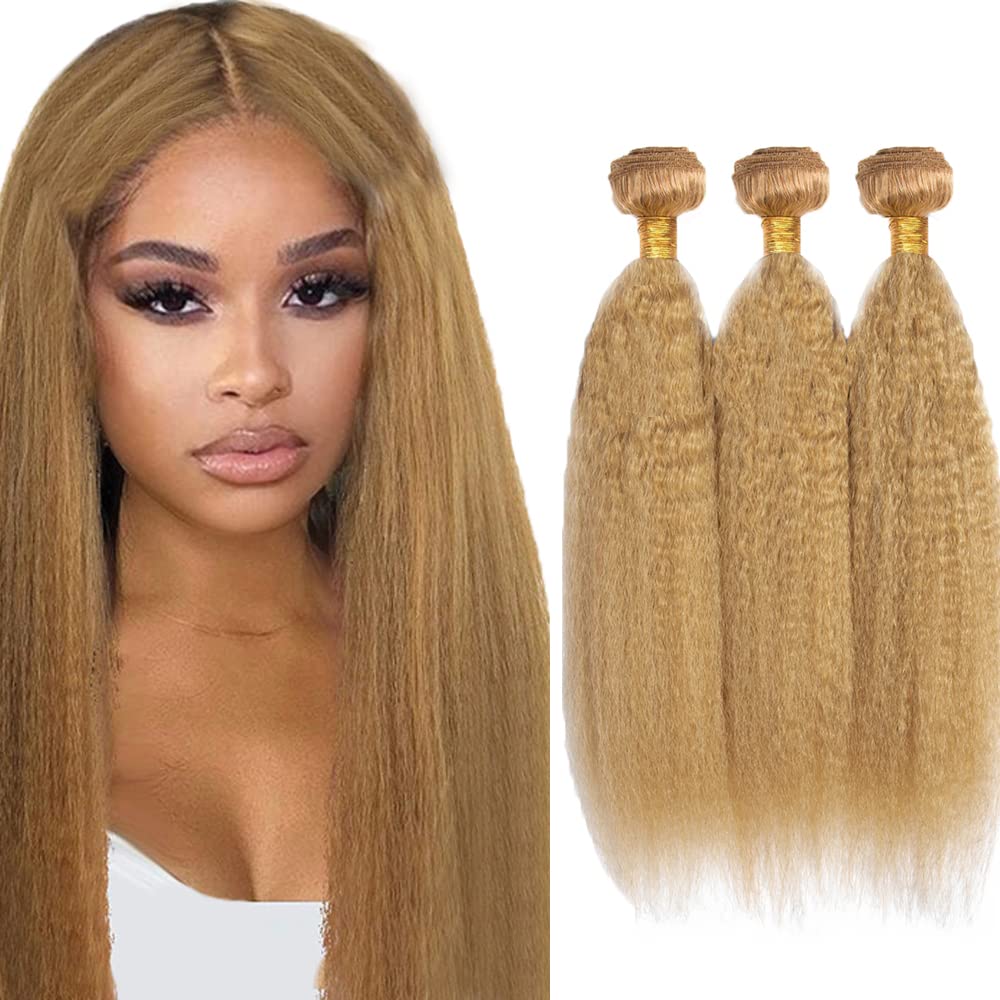 Photo 1 of #27 Blonde Bundles Human Hair Yaki Straight Bundles 12 14 16 Inch 3 Bundle Unprocessed Brazilian Virgin Hair Honey Blonde Kinky Straight Human Hair Extensions 50 Gram Per Bundle