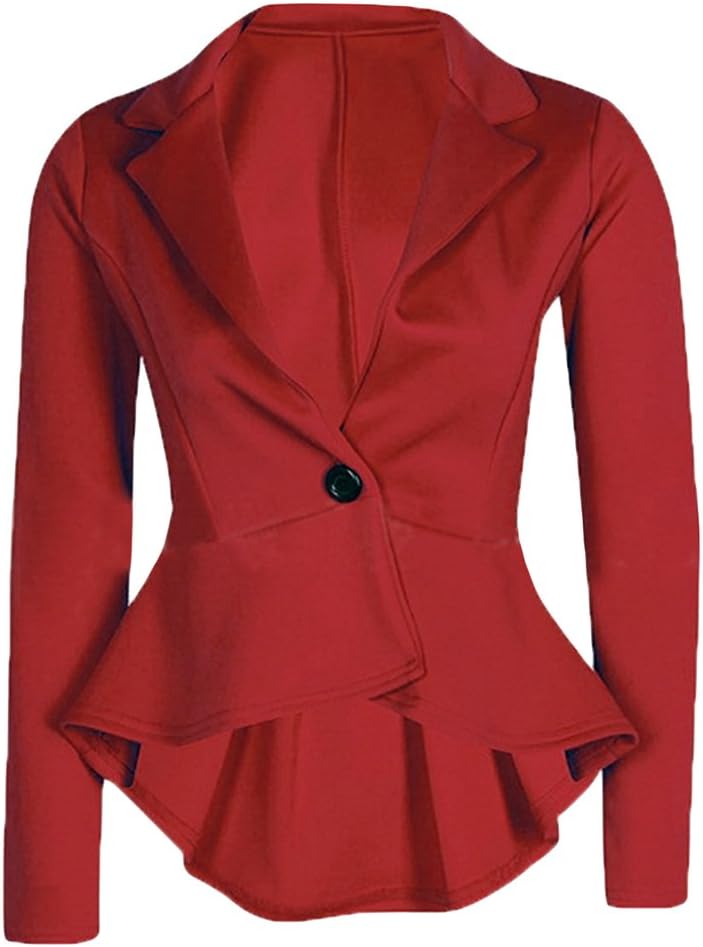 Cekaso Women's Long Sleeve Blazer Single Button Front Plain Peplum Frill Blazer Coat