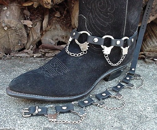 Biker Boots Boot Chains Black Topgrain Cowhide Leather, 3 Real Thumbcuffs