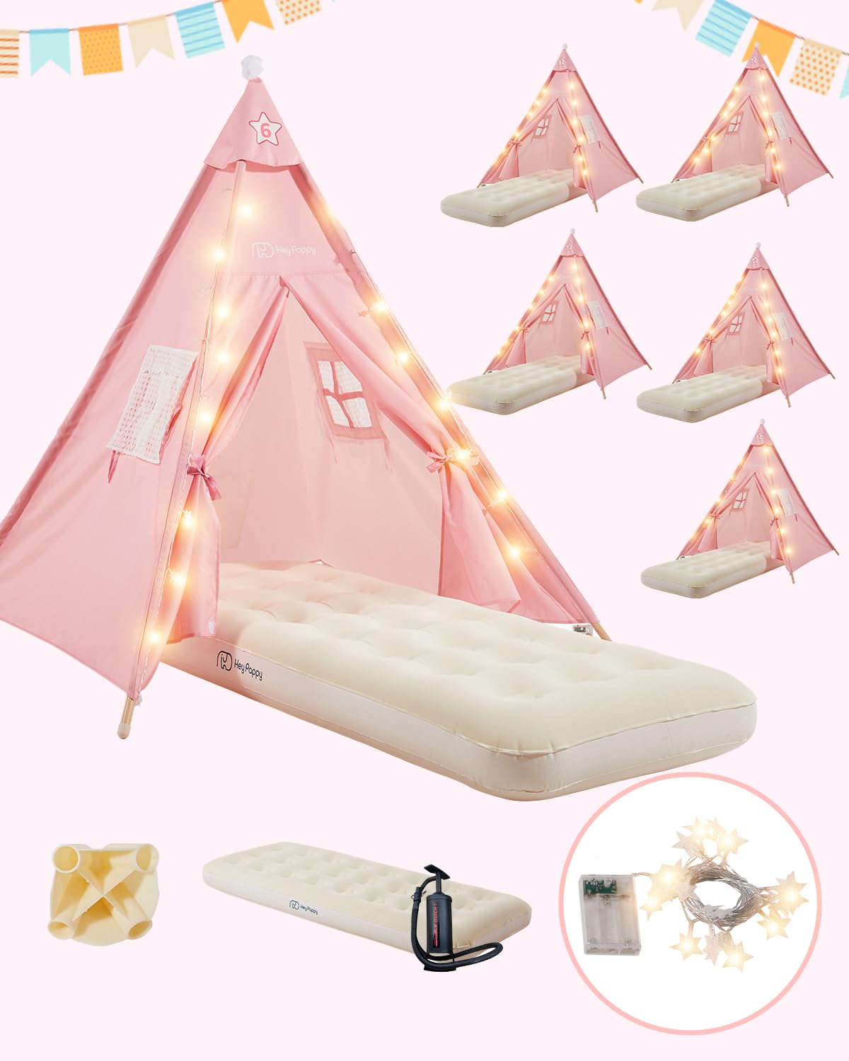Photo 1 of (used)(incomplete) Heypappy 6 Pack Teepee Tent for Kids with Inflatable Airbed, Light, Toddler Tent Children Room Tents, Slumber Party Sleepover Tents