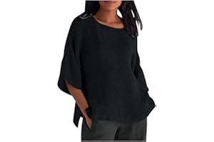 MAMIDAY Linen Shirts for Women 3/4 Sleeve Crewneck Oversized T Shirts Loose Casual Blouses Lightweight Trendy Summer Tops