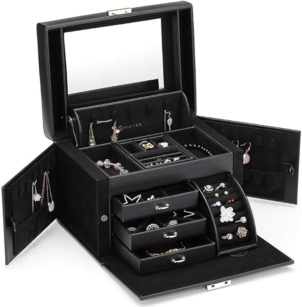 LIULU Jewelry Box with Lock Leather Jewelry Storage Box with Drawer for