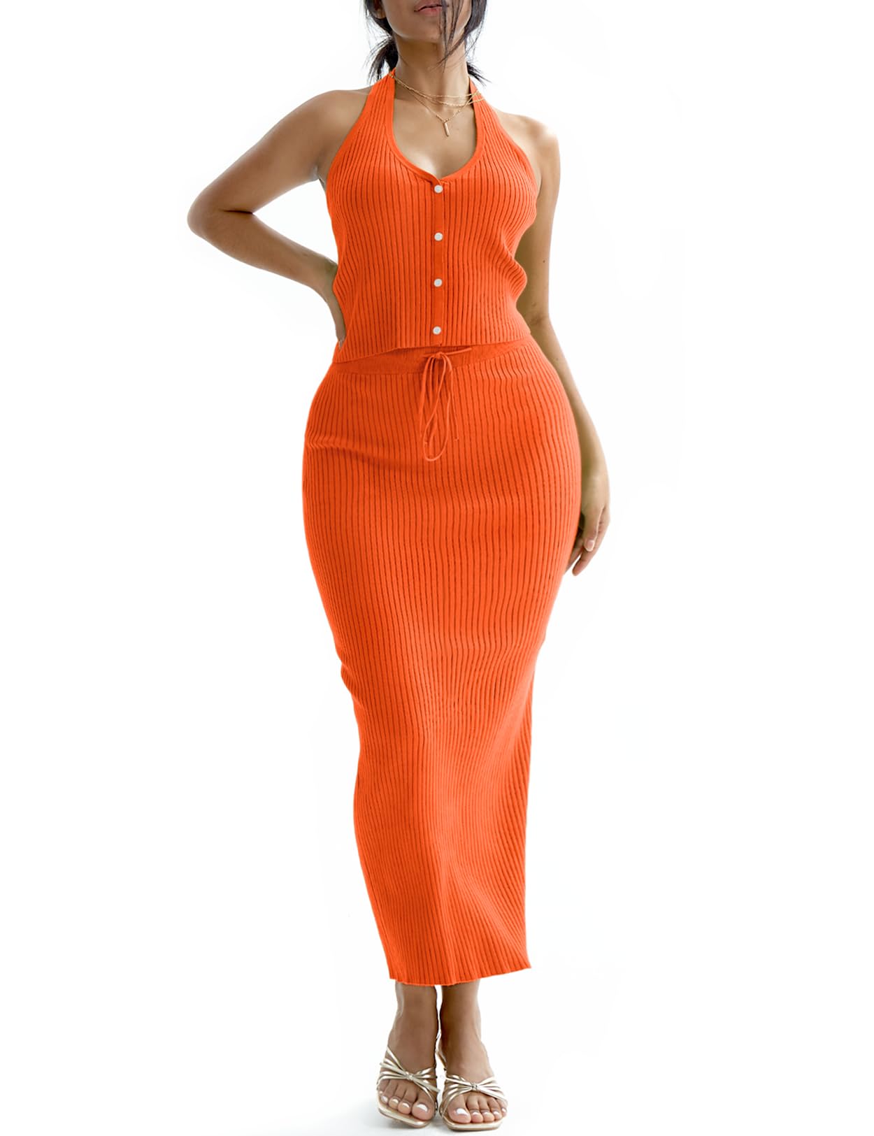 CHERFLY Womens 2 Piece Outfits 2025 Summer Sweater Skirt Sets Halter ...