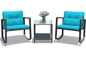 Tangkula 3 Pieces Patio Wicker Rocking Bistro Set, Outdoor Rocking Chair Furniture Set w/Cushioned Seat, Conversation Set w/Glass Coffee Table and Storage Shelf (Turquoise)