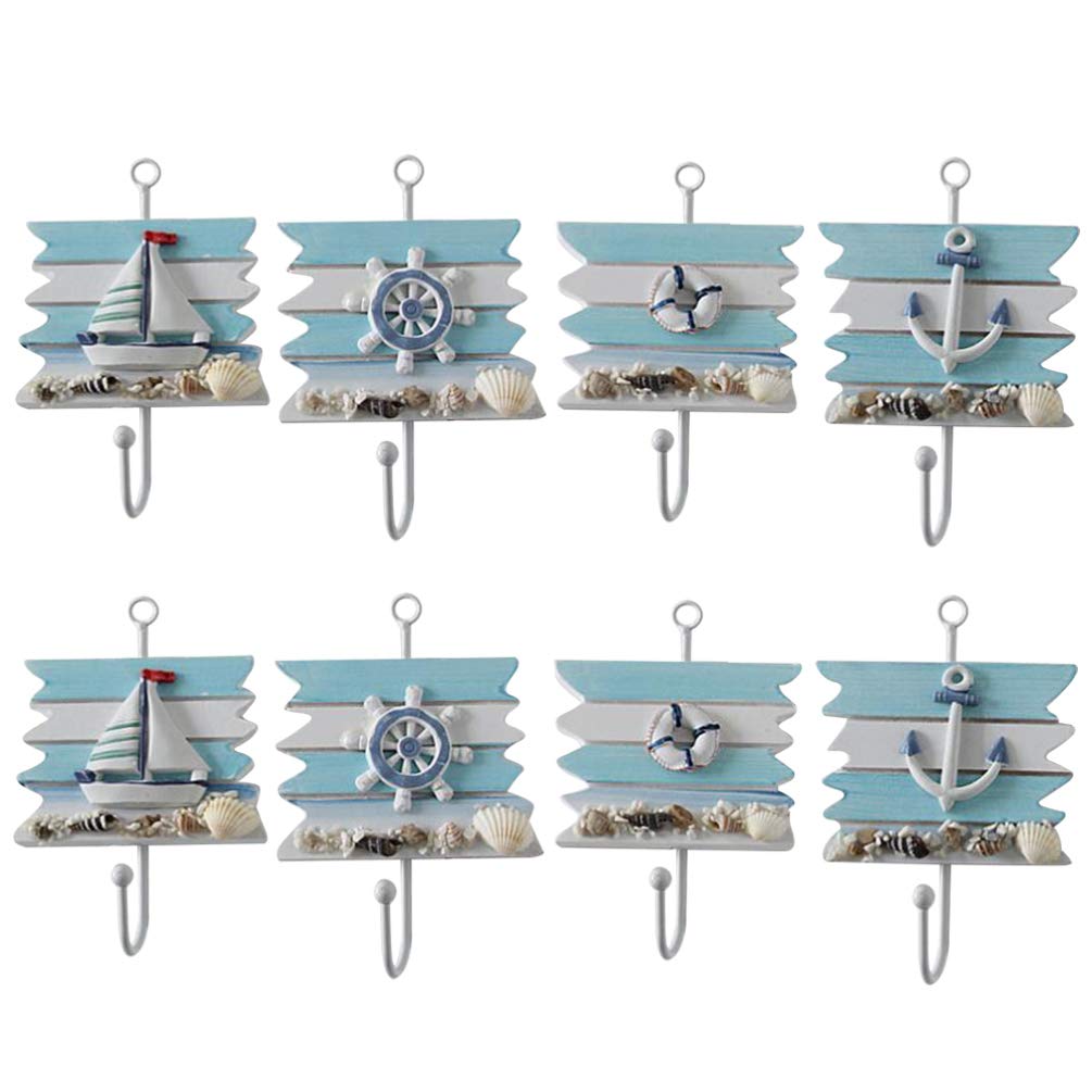 VOSAREA 8pcs Nautical Wall Hooks Towel Hat Coat Hanger Decorative Wheel Sailboat Anchor Hooks for Home Decoration