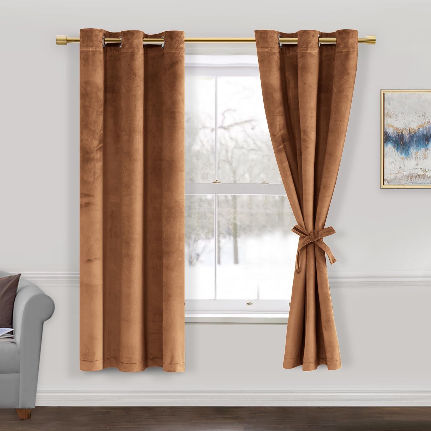 JIUZHEN Gold Brown Velvet Curtains 63 inches Blackout Curtains for Living Room - Privacy Protect Room Darkening Grommet Thick Velvet Window Drapes for Bedroom, Set of 2 with Tiebacks, 42W x 63L Image