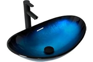 Lofeyo 21" Blue Glass Bowl Sink With Faucet and Drain Combo - Modern Boat Shape Artistic Basin for Bathroom - Above Counter Small 6" Deep Oval Vessel Sink Lof-BL33553
