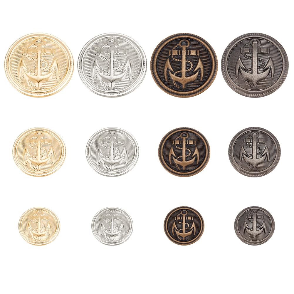 GOMAKERER 48 Pcs Metal Blazer Button Set, 4 Colors Retro Style Brass Buttons Sewing Button with Anchor Pattern Flat Round Buttons for Jeans Blazers Coats Uniform Suits Windbreaker