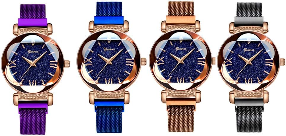 Weicam Women's Magnet Buckle Mesh Belt Wrist Watch Starry Sky Dial Rhinestone Bracelet Analog Quartz 4 pcs