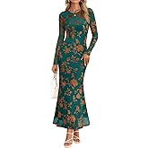 MEROKEETY Women's 2026 Spring Wedding Guest Maxi Dress Long Sleeve Bodycon Floral Mesh Fall Cocktail Formal Party Dresses