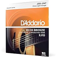 D'Addario Acoustic Guitar Strings, 80/20 Bronze, EJ10, Extra Light Gauge 10-47, 6-String Set, Pack of 1