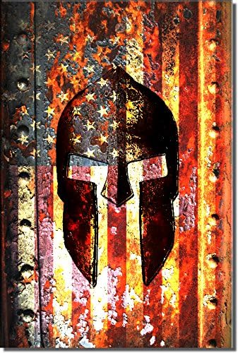 Patriotic Wall Art - Patriotic Home Decor - Pro Gun Rights Gifts - American Flag And Spartan Helmet On Rusted Metal Door - Print on Metal Plate