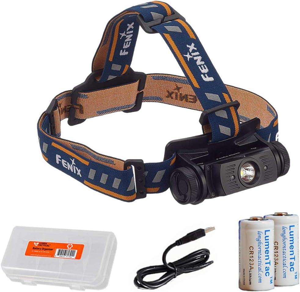 Fenix HL60R 950 Lumens (Black or Desert Yellow Finish) Rechargeable LED Headlamp with Rechargeable Battery, USB Charging Cable, LumenTac Organizer and Backup CR123As