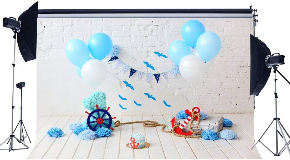 MMPTn Vinyl Cake Smash Backdrop 7X5FT Boys 1st Birthday Backdrops Helm Anchor Paper Flowers Banner Balloons on Wood Floor Photography Background for Kids Party Decoration Photo Studio Props