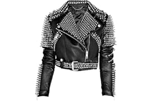 SpazeUp Women's Studded Leather Jacket - Brando Rocker Spikes Leather Jacket Outerwear for Women