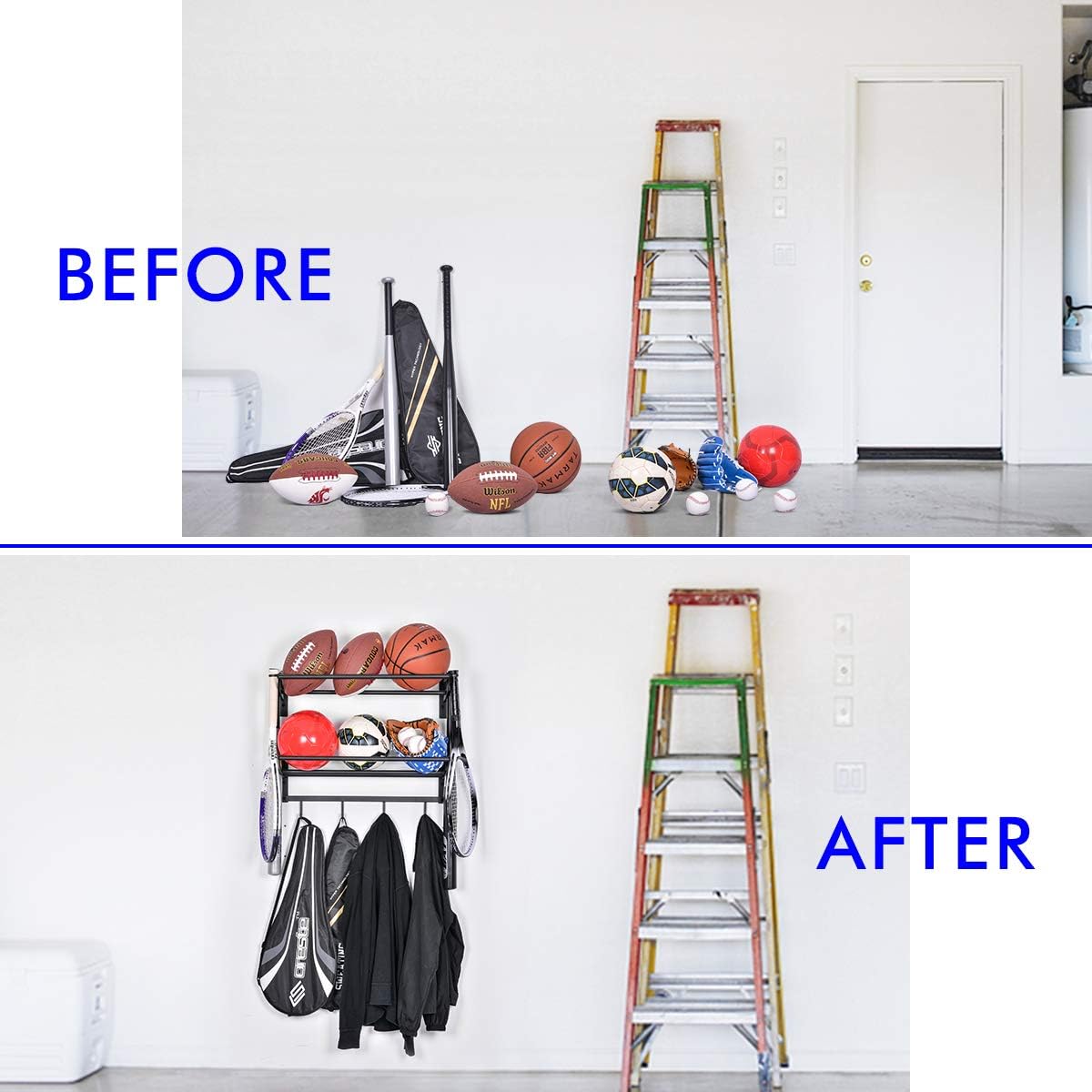 Sports Equipment Storage Rack for Baseball/Basketball/Football/Badminton/Golf/Yoga/Exercise Balls - Four Badminton Tennis Hold-2 Separate Storage Rack- Baseball/Softball Bat Rack/Bat Hooks: Sports & Outdoors