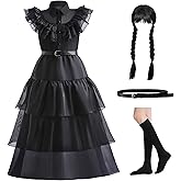GRIVOS Black costume Girls dress for Kids Black Outfit Halloween Costumes Cosplay Party with belt wig socks 4-14Y