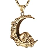 HZMAN Mens Women Gothic Retro Moon Crescent Skull Stainless Steel Pendant Necklace 22+2 Inch Chain