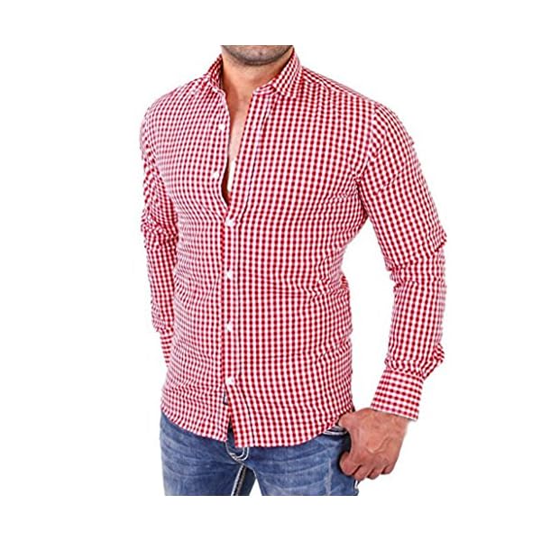 Ninasill HOT Mens Autumn and Winter Plaid Shirts Male Long Sleeve Slim Fit Business Casual Shirt (L, Red)