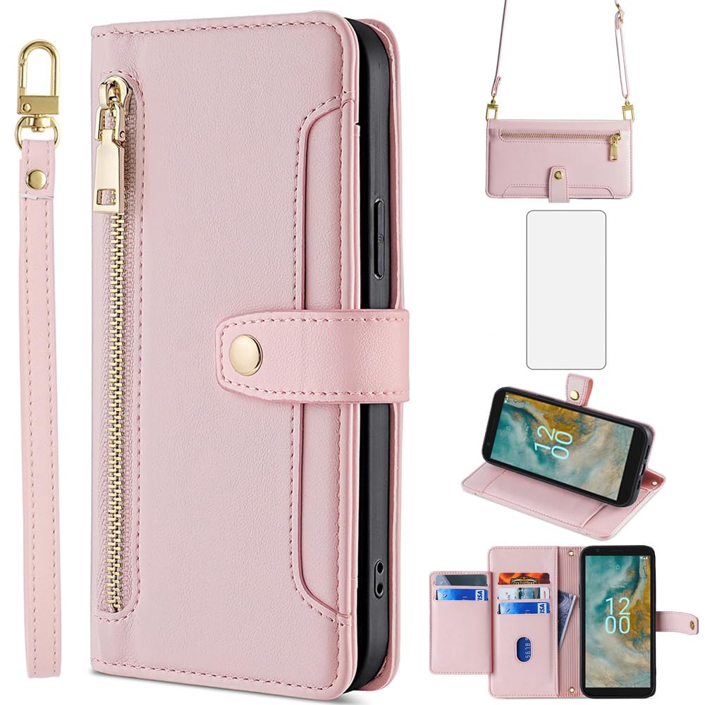 Asuwish Phone Case for Nokia C02 Wallet Cover with Tempered Glass Screen Protector and Zipper Card Holder Slot Magnetic Kickstand Leather Accessories Protective C 02 02C NokiaC02 G5 Women Rose Gold