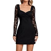 EYNMIN Women's Lace Mini Dress 2025 Fall Long Sleeve Sweetheart Neckline Bow Tie Backless A Line Short Going Out Dresses