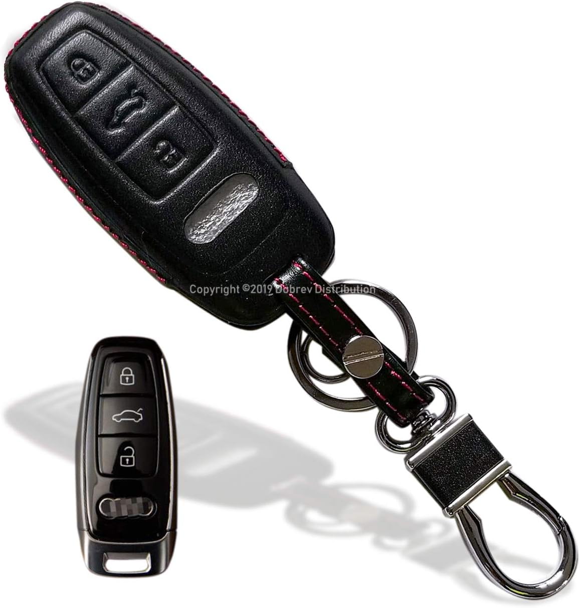 Dobrev 3 Buttons Genuine Leather Protector Keyless Entry Control Hook Fob Cover Holder Protective Case Chain Fit for 2018 2019 Audi A6L A8L A6 A7 A8 Remote Smart Key