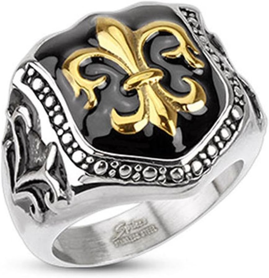 Vooxoo Fashion Design 316L Stainless Steel Golden Fleur-De-Lis Ornate Shield Cast Ring Size 9-13