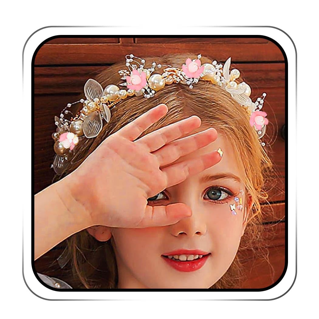 IYOU Wedding Flower Girl Headband Crown Gold Pearl Hair Piece Bridal Babys Breath Crystal Hair Vine Accessories for Kids Princess and Bridesmaid