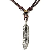 COOLSTEELANDBEYOND Retro Style Feather Pendant Unisex Necklace for Mens Womens with Adjustable Leather Cord