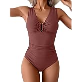 B2prity One Piece Swimsuit for Women Tummy Control V Neck Bathing Suit Ruched Slimming Swim Suit Push Up Swimwear