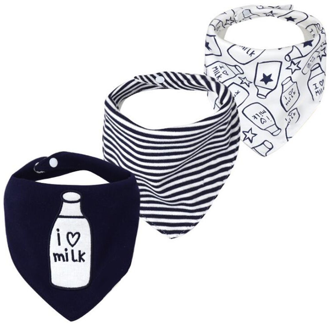 CuteOn Baby Drool Bibs, Unisex 3-Pack Absorbent Cotton, Triangle Bib with Snaps Gift for Boys & Girls