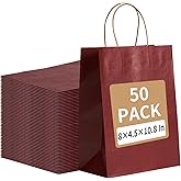 RACETOP 50 Pack 8x4.5x10.8 Inch Medium Red Kraft Paper Bags with Handles Bulk, Gift Bags, Shopping Bag for Boutique, Wedding Party Favor, Merchandise, Retail, Small Business
