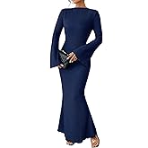 Narecte Fall Dresses for Women 2025 Maxi Dresses Solid Color Boho Dress Flare Sleeve Bodycon Dress
