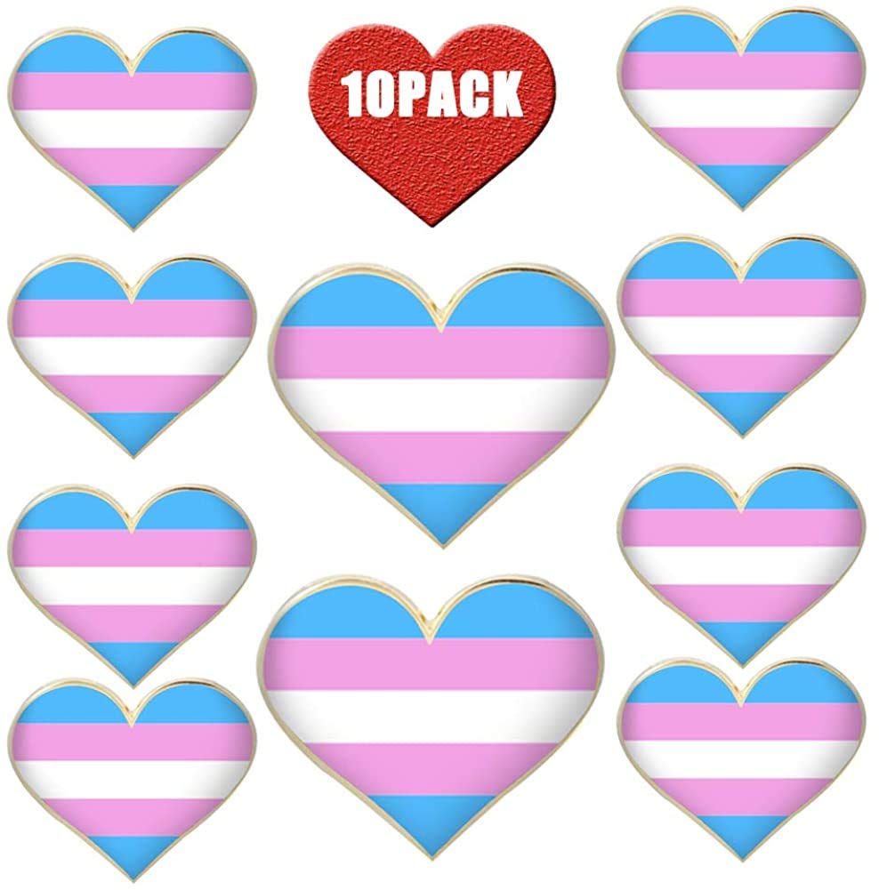 10Pack 10 Pack 1.2" LQBR Pride pins- Jewelry Quality Progress Rainbow Brooch Pin- Trans Bi Lesbian Heart Flag Lapel Pins, Trans, X-Large